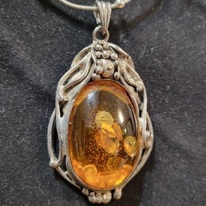 Vintage Art Nouveau Style One Of a Kind 2.5 inch Honey Amber & 925 Pendant